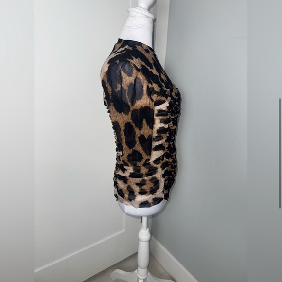 Ganni Ruched Leopard Print Stretch Mesh in Brown/Black/Medium - Picture 5 of 10